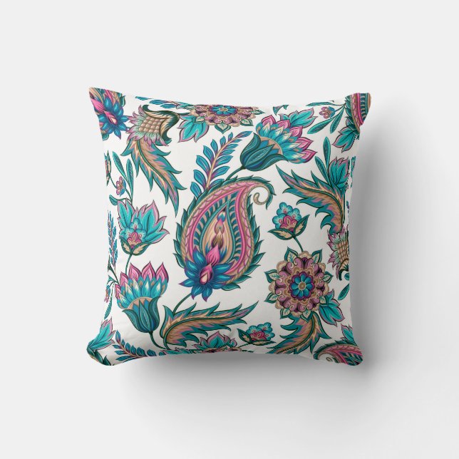 Farbige, blumengeschmückte ethnische Paisley-Muste Kissen (Vorderseite)