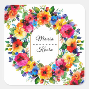 Farbige Blumenkranz-Hochzeit Quadratischer Aufkleber