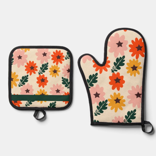 Farbige Blumenmuster Ofenhandschuh & Topflappen-Set (Vorderseite)