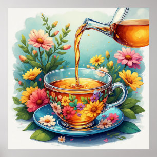 Farbige Blumenteetasse mit aufgießendem Kräutertee Poster