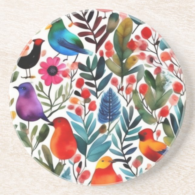 Farbige Blumenvögel Getränkeuntersetzer (Vorne)