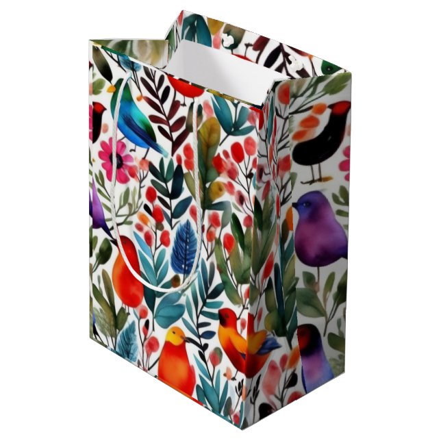 Farbige Blumenvögel Mittlere Geschenktüte (Rückseite Schrägansicht)