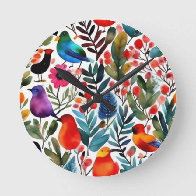 Farbige Blumenvögel Runde Wanduhr (Vorderseite)