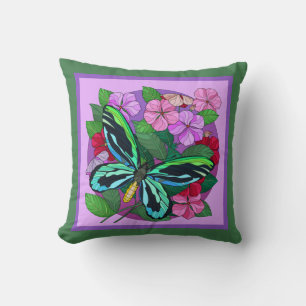 Farbige Blüte mit Schmetterling; lila auf grün Kissen