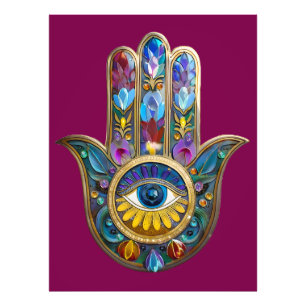 Farbige Blütenblätter Hamsa Saphir Drittes Auge Fotodruck