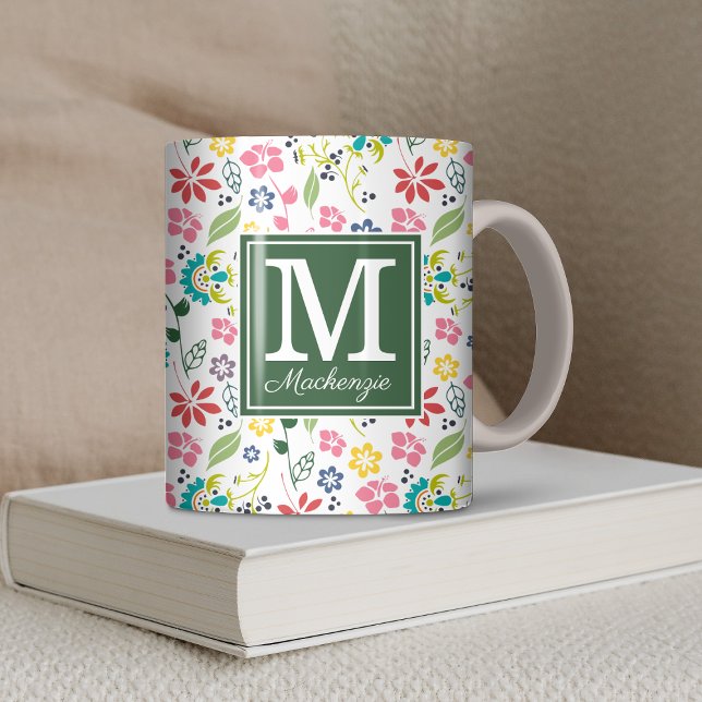 Farbige Bohemische Frühlingsblumen Grünes Monogram Kaffeetasse (Colorful Bohemian Spring Flowers Green Monogram Coffee Mug)