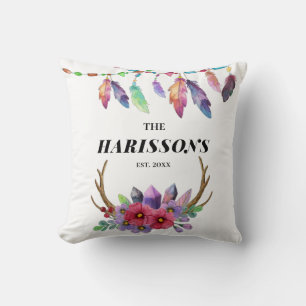Farbige Boho-Federn und Blumen benutzerdefinierte Kissen