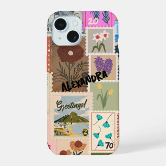 Farbige Briefmarke Collage Phone Case iPhone 15 Hülle