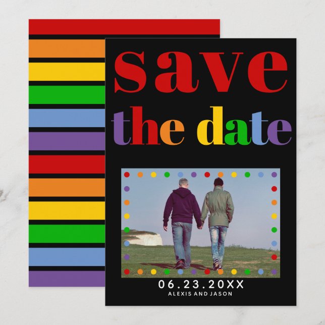 Farbige Buchstaben, schwarz-rote Streifen, Gay-Fot Save The Date (Vorne/Hinten)