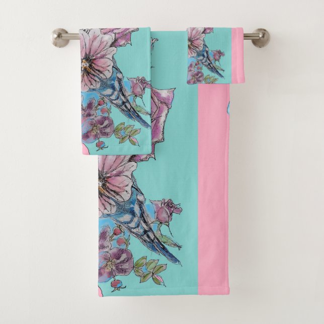 Farbige Budgie Budgerigar Rose Rosa Art Handtuch S Badhandtuch Set (Insitu)