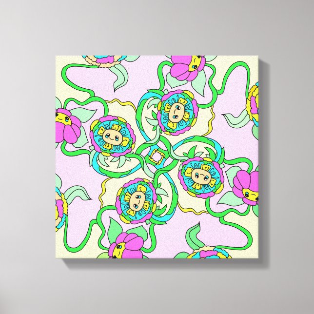 Farbige Cartoon Blume Originalkunst Leinwanddruck (Vorderseite)