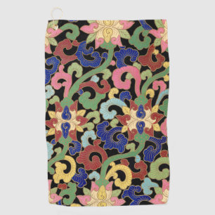 Farbige Chinoiserie Blumenelemente auf Schwarz Golfhandtuch