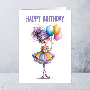 Farbige Clown-Geburtstagsfeier Mädchen mit Ballons Karte