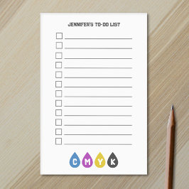 Farbige CMYK-Tinte-Drops zur Aufgabenliste Post-it Klebezettel