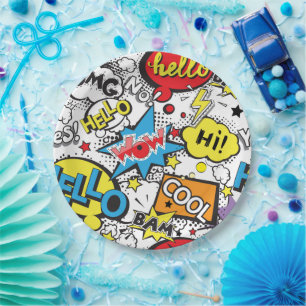 Farbige Comic-Pop-Art-Sprechblasen-Muster Pappteller