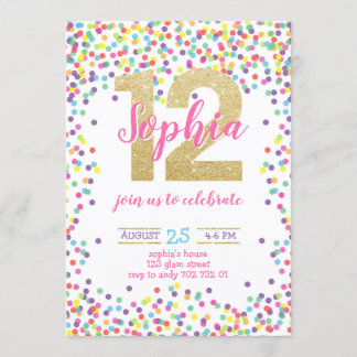 Farbige Confetti Gold Number Girl 12. Geburtstag Einladung