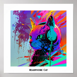 Farbige Coole Pop Art Editable Kopfhörer-Katze Poster
