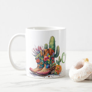 Farbige Cowgirl-Stiefel Blumen und Kaktus Kaffeetasse
