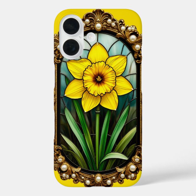 Farbige Daffodien in goldenem Rahmen iPhone 16 Hülle (Rückseite)