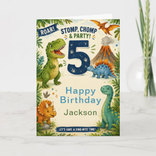 Farbige Dinosaurier zum fünften Geburtstag Karte