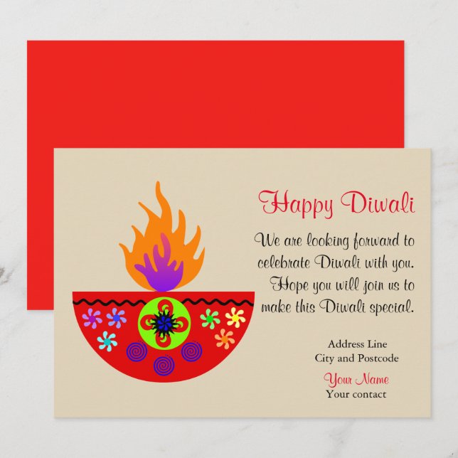 Farbige Diwali-Lampe Diya Einladung (Vorne/Hinten)