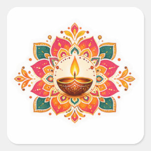 Farbige Diya-Rangoli-Diwali-Grußgestaltung Quadratischer Aufkleber