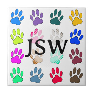 Farbige Dog Paw Print Pattern Square Initialen Fliese