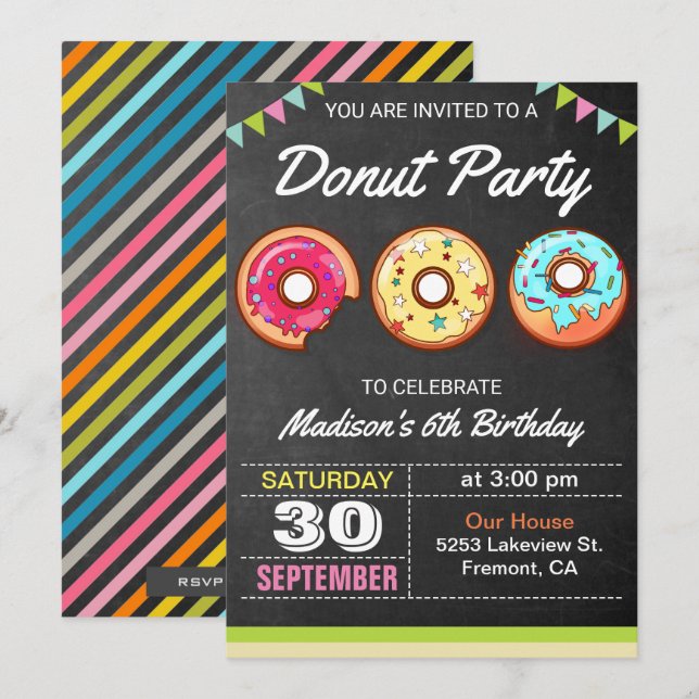 Farbige Donuts Kindergeburtstag Party Einladung (Vorne/Hinten)