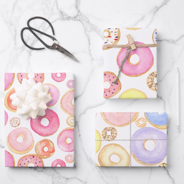 Farbige Donuts Lila gelb rosa Geschenkpapier Set (Vorderseite)