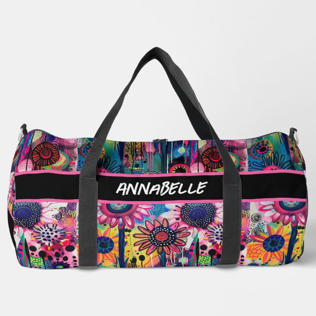 Farbige Doodle-Blume Druckknopfbeutel Duffle Bag (Vorderseite)