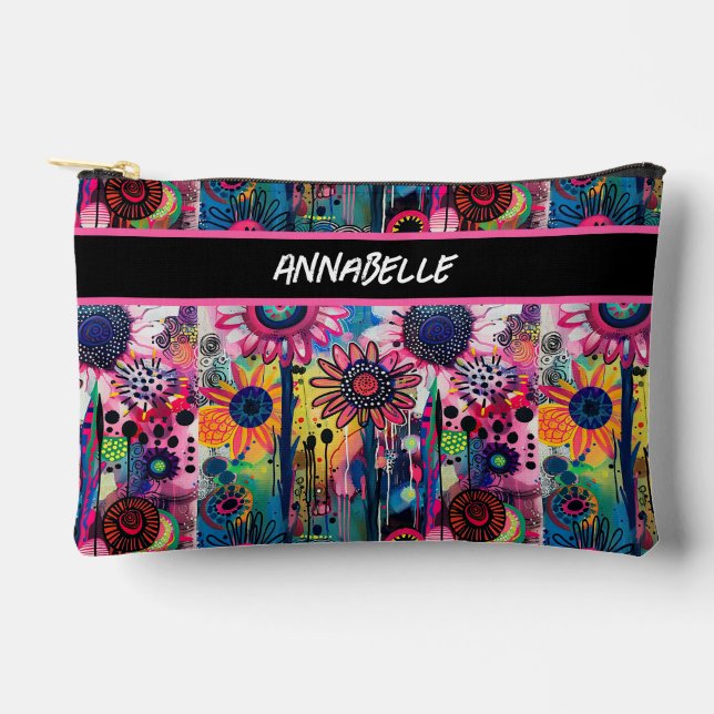 Farbige Doodle-Blume Druckknopfbeutel Zubehörtasche (Vorderseite)