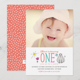 Farbige Doodles 1. Geburtstag Party Einladung | Ki