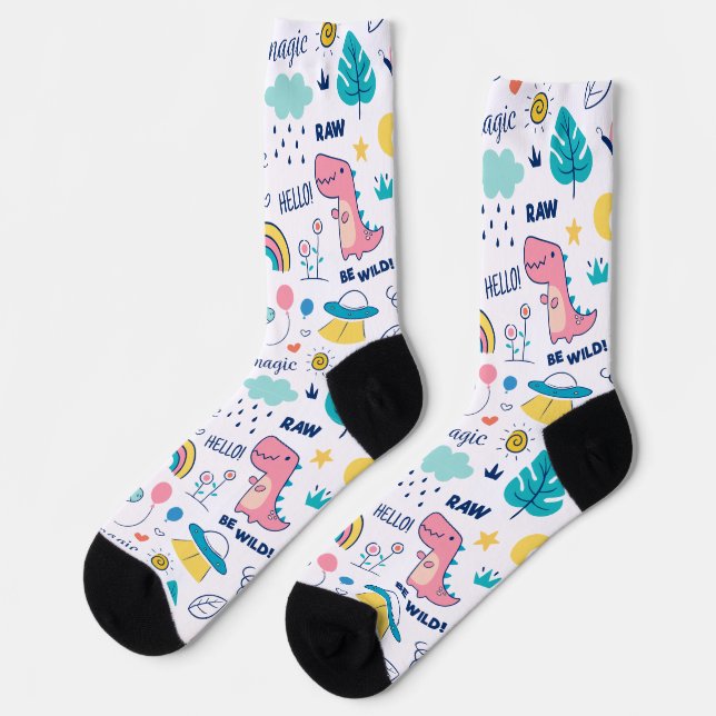 Farbige Doodtiere und Wortmuster Socken (Linkes Detail)