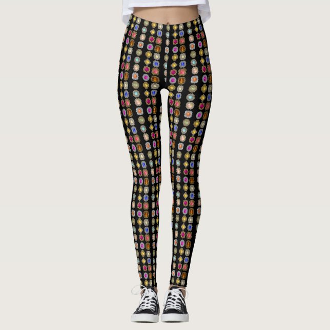 Farbige Edelsteine auf schwarzen Multiprint-Leggin Leggings (Vorderseite)