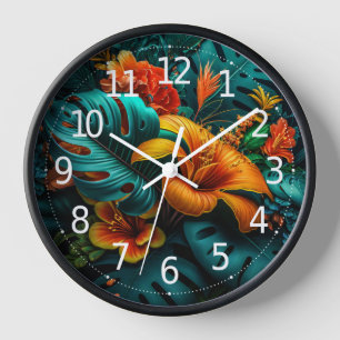 Farbige elegante tropische Blätter und Blumen Uhr