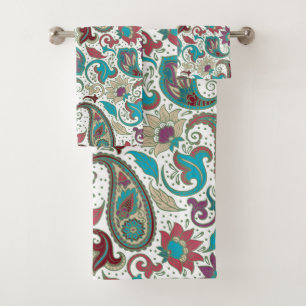 Farbige, ethnisch motivierte Blumenpaisley-Muster Badhandtuch Set
