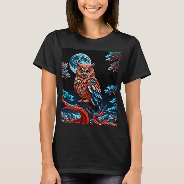 Farbige Eule unter Vollmond T-Shirt (Vorderseite)