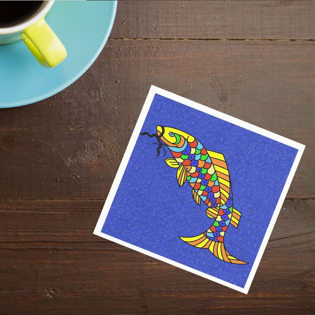 Farbige Extravagante Abstrakte Fische Serviette (Fancy brightly coloured fantasy fish on vibrant faux sparkle blue napkins.)