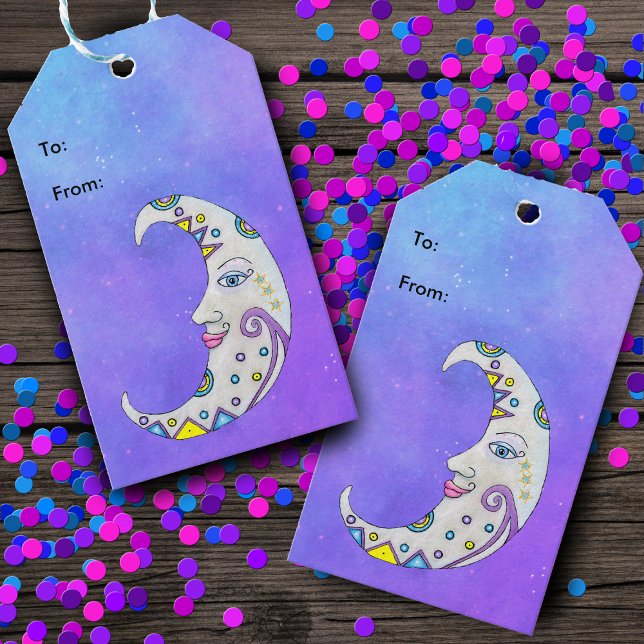 Farbige Extravagante Crescent Moon geometrische Fo Geschenkanhänger (Fantasy white crescent moon colourful abstract markings Pretty face on purple sky gift tags.)