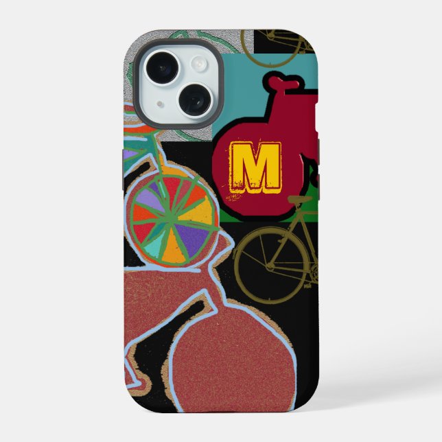 Farbige Fahrräder mit Monogramm iPhone 15 Hülle (Rückseite)