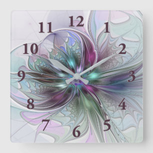 Farbige Fantasy-Abstrakte Moderne Fraktal-Blume Quadratische Wanduhr
