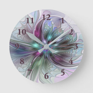 Farbige Fantasy-Abstrakte Moderne Fraktal-Blume Runde Wanduhr
