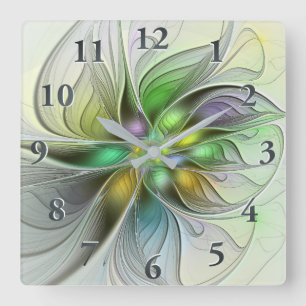 Farbige Fantasy-Blume Moderne Abstrakte Fraktal Quadratische Wanduhr