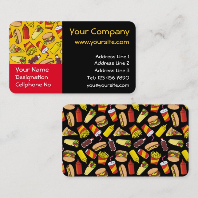 Farbige Fast Food Icons Muster Horizontal Visitenkarte (Vorne/Hinten)