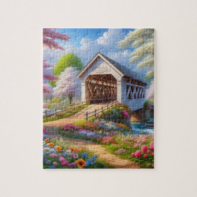 Farbige Feder/blumenüberdachte Brücke & Fluss (Vertikal)