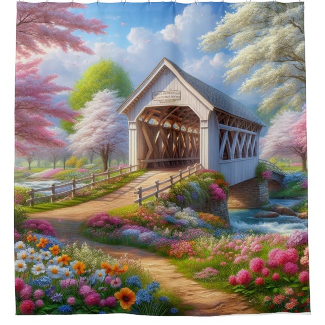 Farbige Feder/blumenüberdachte Brücke & Fluss Duschvorhang (Vorderseite)
