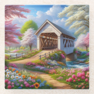 Farbige Feder/blumenüberdachte Brücke & Fluss Glasuntersetzer