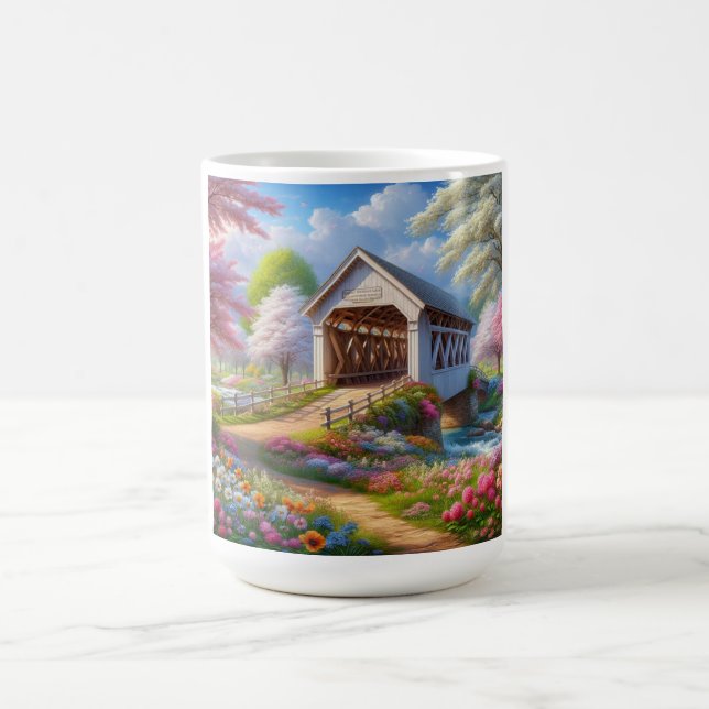 Farbige Feder/blumenüberdachte Brücke & Fluss Kaffeetasse (Mittel)