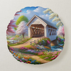 Farbige Feder/blumenüberdachte Brücke & Fluss Rundes Kissen