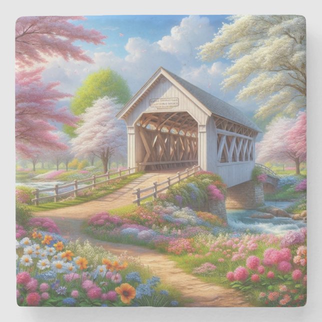 Farbige Feder/blumenüberdachte Brücke & Fluss Steinuntersetzer (Vorderseite)
